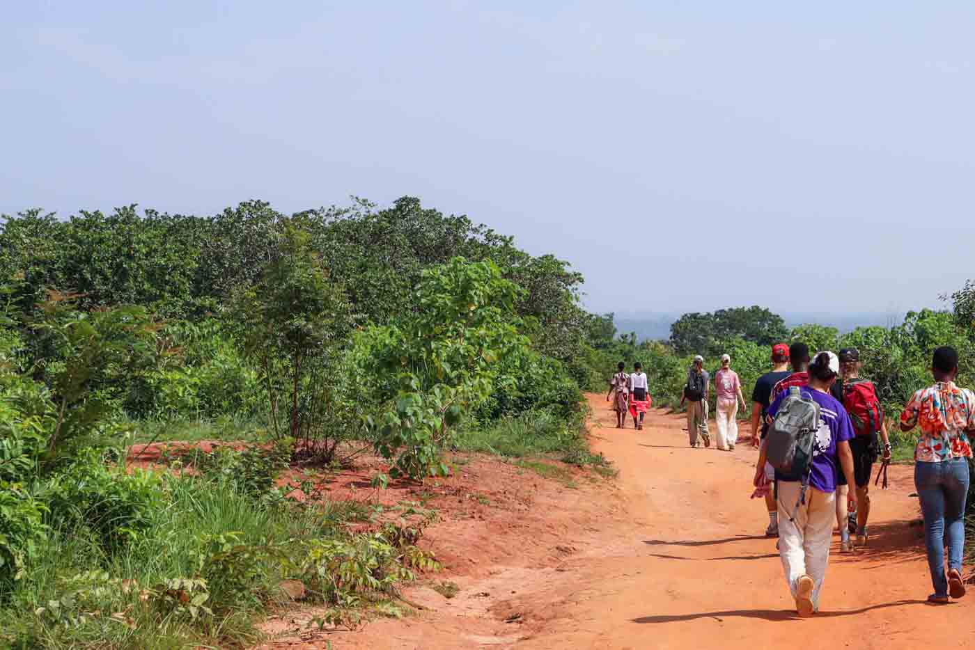 Groupe de personnes marchant sur un chemin rural en Afrique.